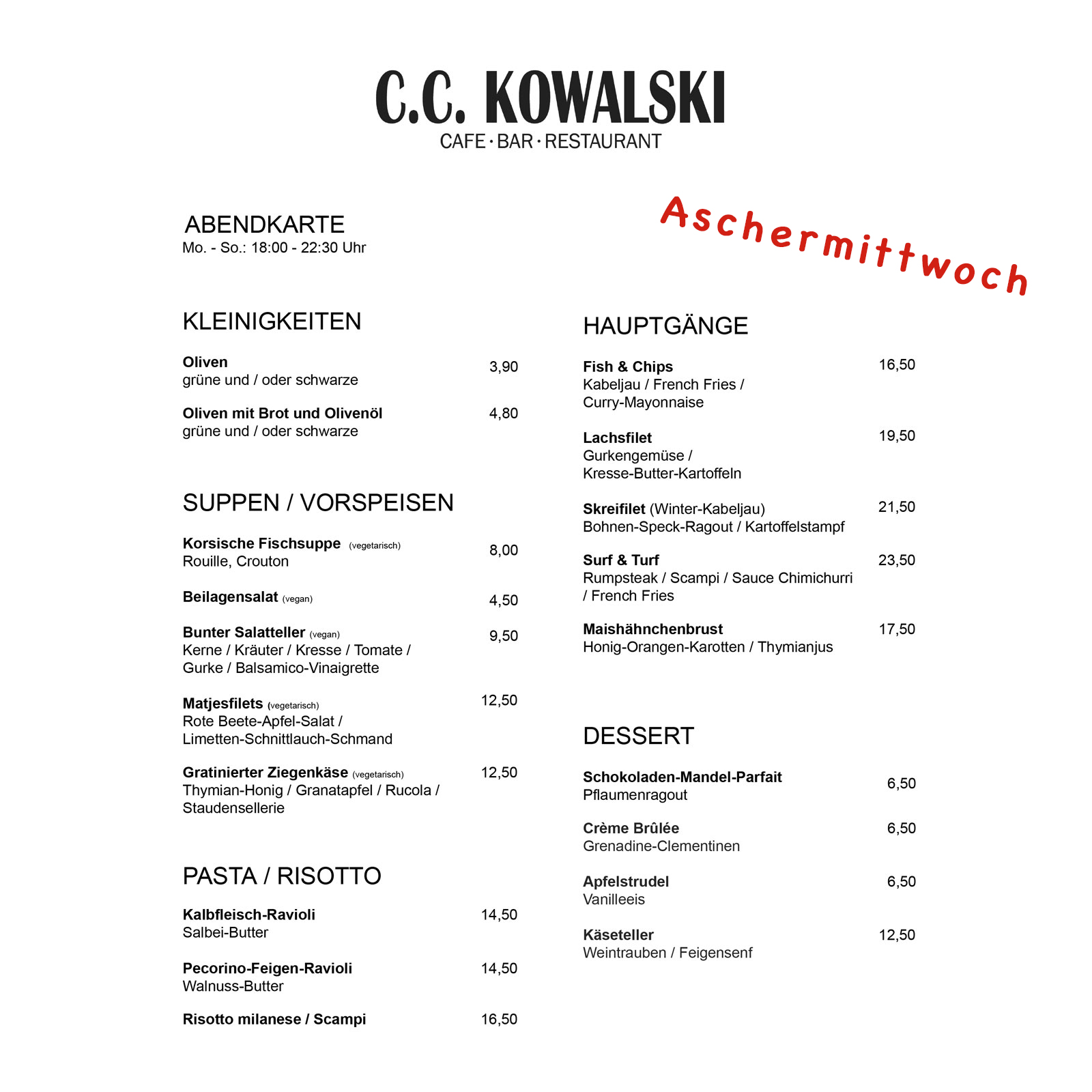 Aschermittwoch 2019 Abendkarte C.C. Kowalski
