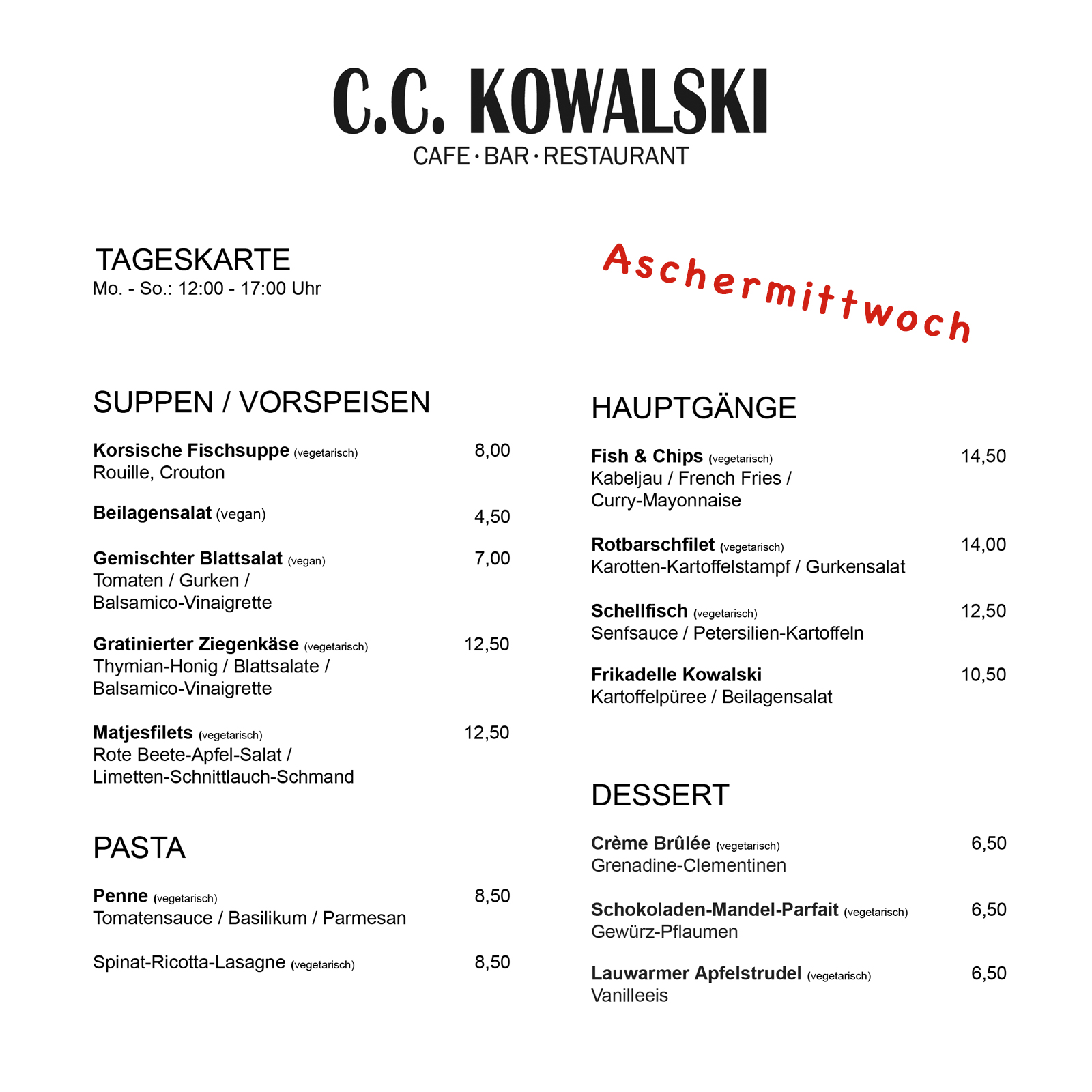 Aschermittwoch 2019 Tageskarte C.C. Kowalski